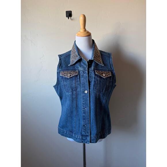 Christine Alexander Cowgirl Western Denim Bejeweled Bling Rhinestones Vest- Sz L - Picture 6 of 9